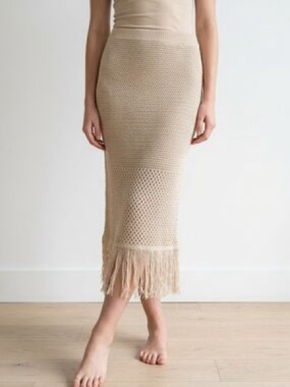 House of Harlow Beige Crochet Fringe Midi Skirt